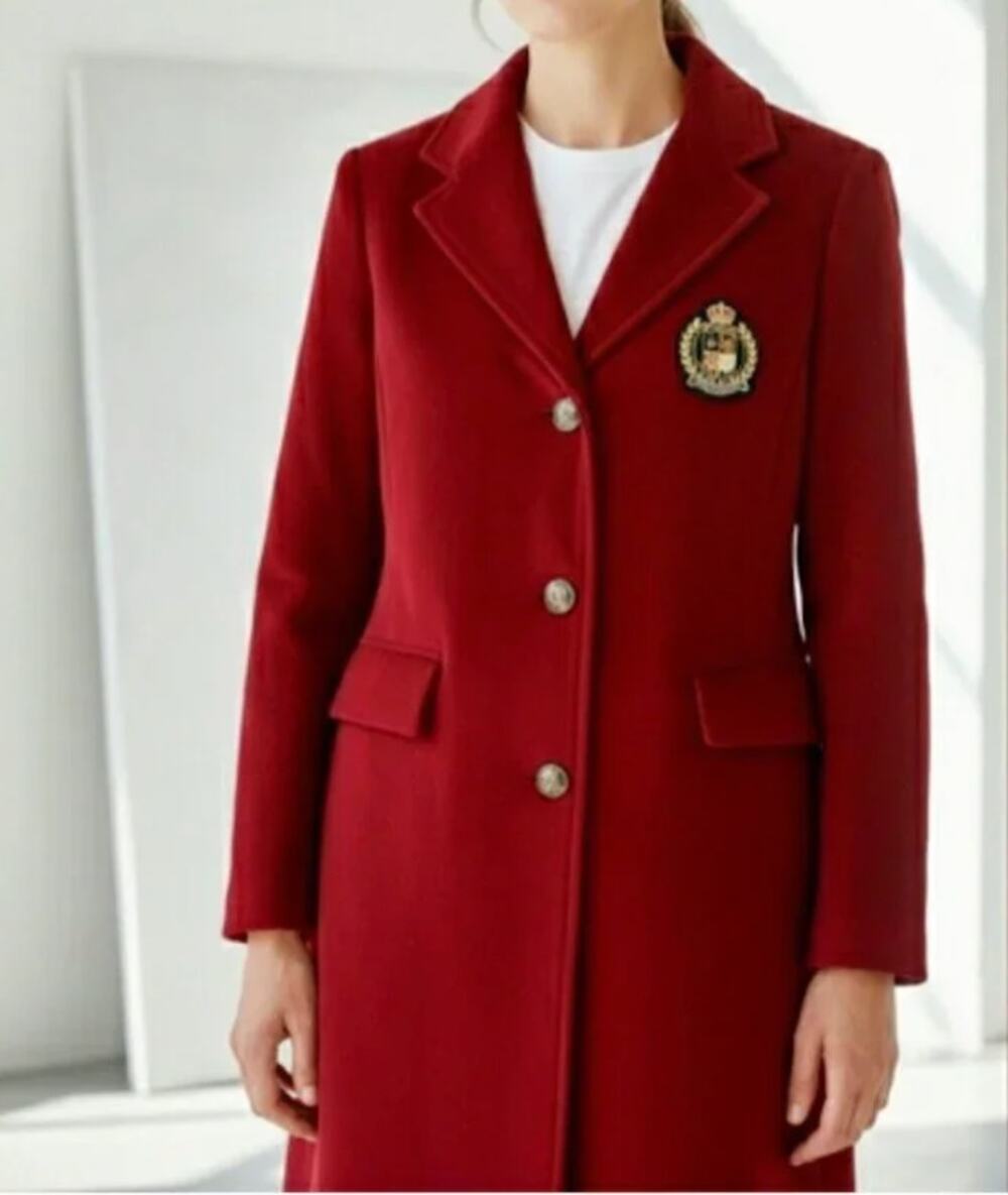 Lauren Ralph Lauren Chest Crest Patch Wool Blend Reefer Coat Red NEW 8